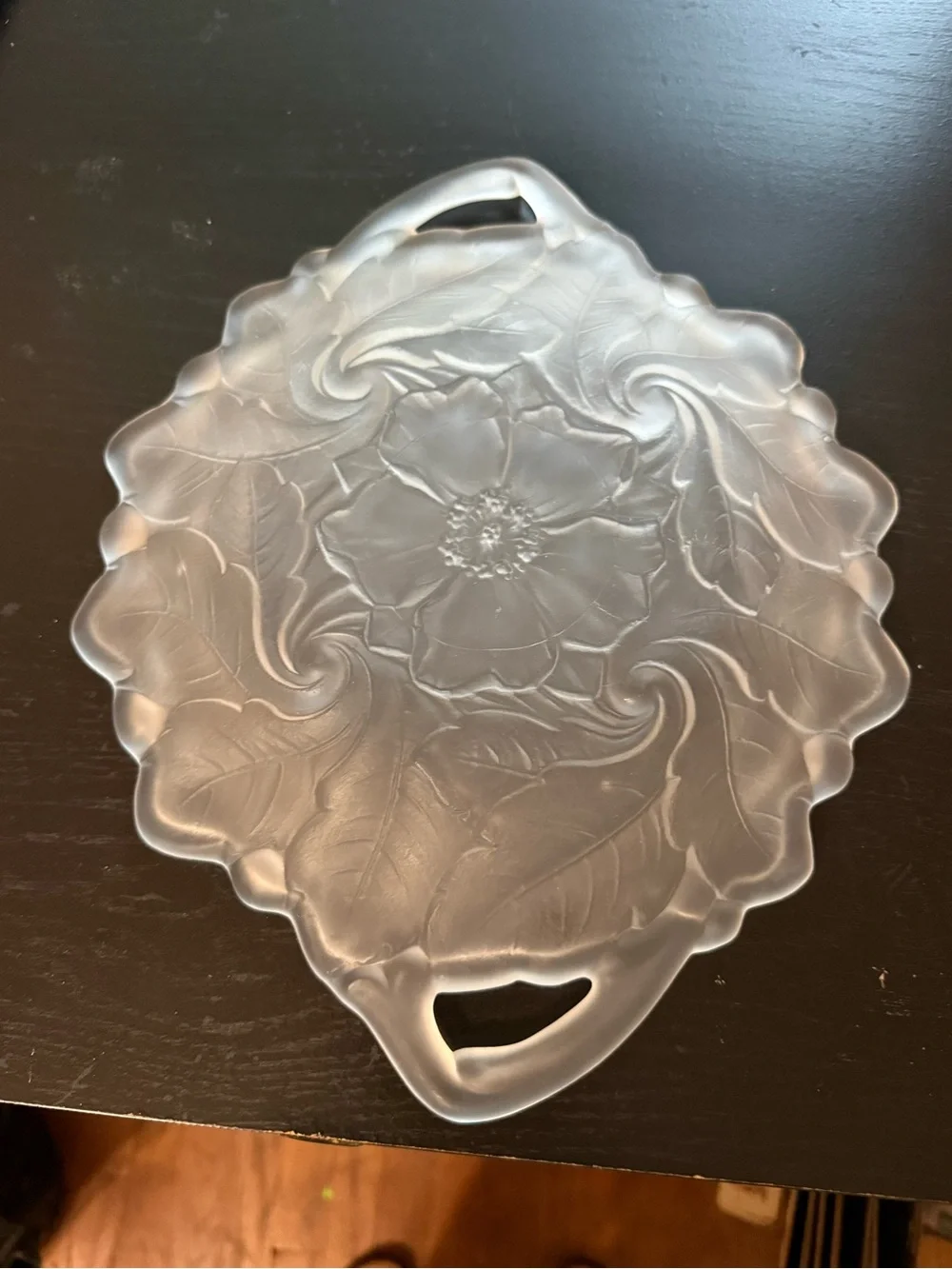 Vintage Frosted Glass Floral Handled Serving Tray Flower Leaf Platter